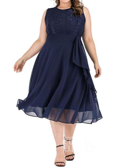 Dark Blue Plus Size Solid Round Neckline Casual Midi X-line Dress Plus Dress
