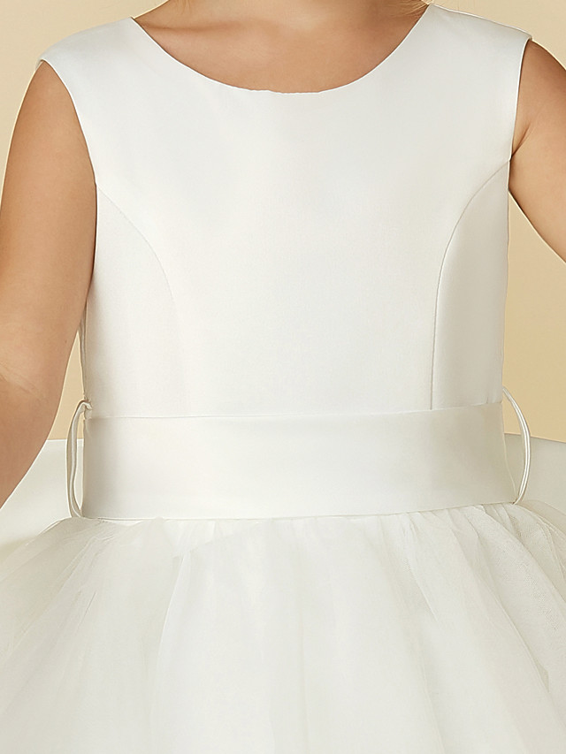 A-Line Floor Length Wedding / First Communion Flower Girl Dresses - Satin / Tulle Sleeveless Jewel Neck With Bow(S) / Buttons