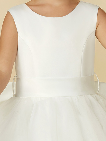 A-Line Floor Length Wedding / First Communion Flower Girl Dresses - Satin / Tulle Sleeveless Jewel Neck With Bow(S) / Buttons