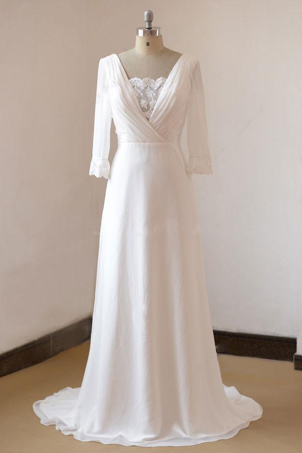 A-line Backless Long Chiffon Beach Wedding Dress with