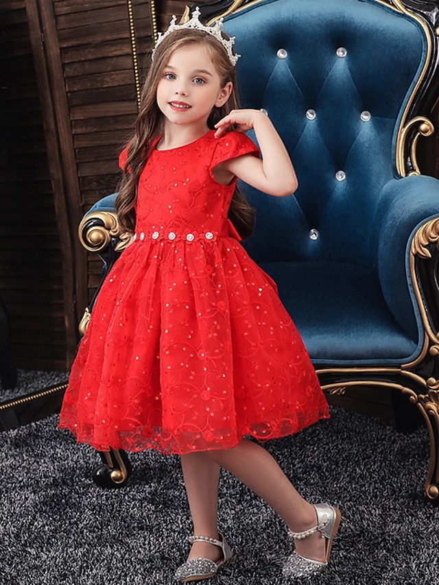 Princess / Ball Gown Knee Length Wedding / Party Flower Girl Dresses - Tulle Cap Sleeve Jewel Neck With Sash / Ribbon / Bow(S) / Embroidery
