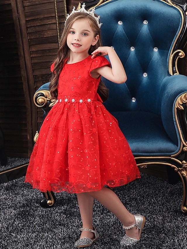 Princess / Ball Gown Knee Length Wedding / Party Flower Girl Dresses - Tulle Cap Sleeve Jewel Neck With Sash / Ribbon / Bow(S) / Embroidery