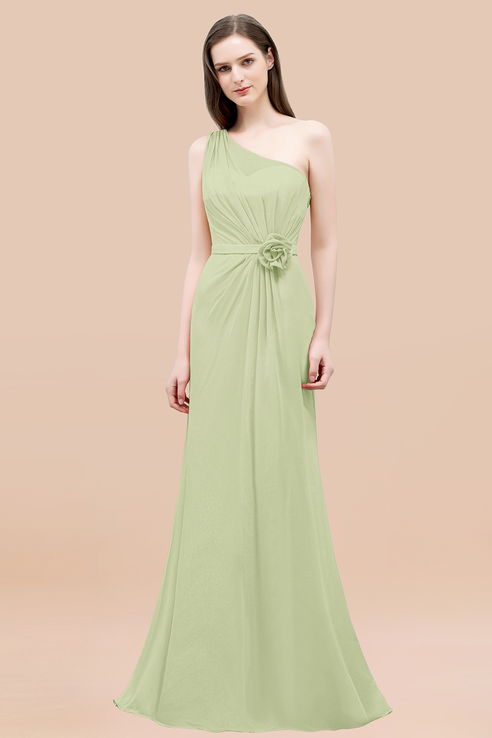 Mermaid Chiffon One-shoulder Sleeveless Ruffled Floor-Length Bridesmaid Dresses with Flower