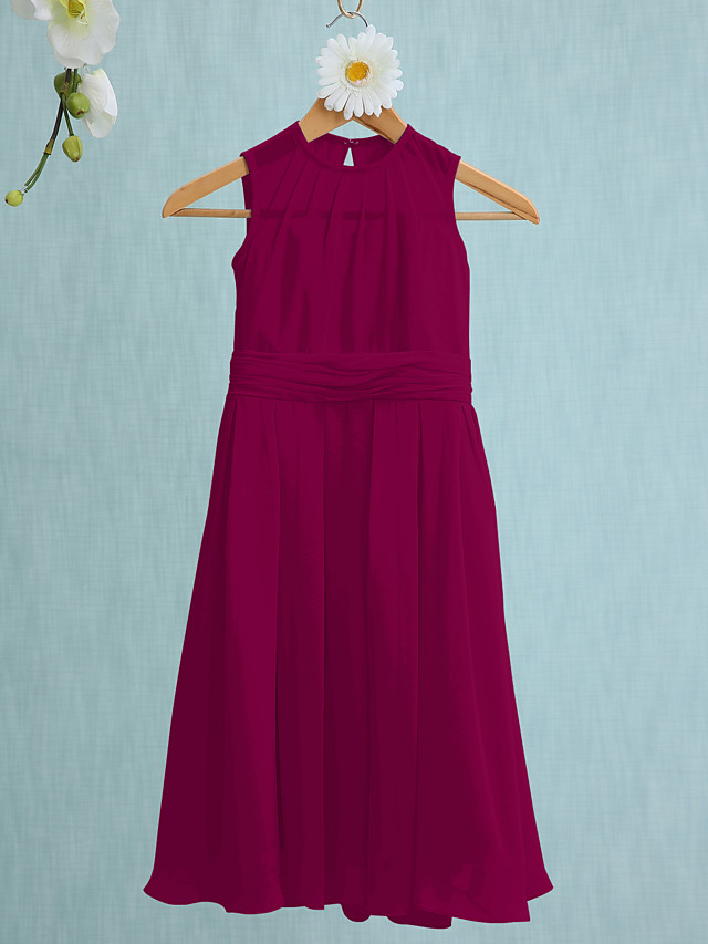 Sky Blue Long A-line Jewel Neck Knee Length Chiffon Junior Bridesmaid Dress