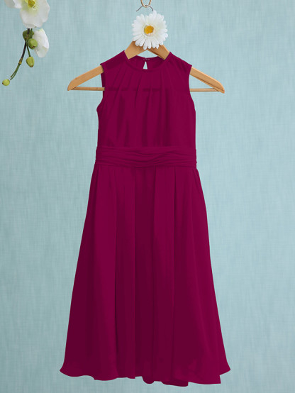 Sky Blue Long A-line Jewel Neck Knee Length Chiffon Junior Bridesmaid Dress