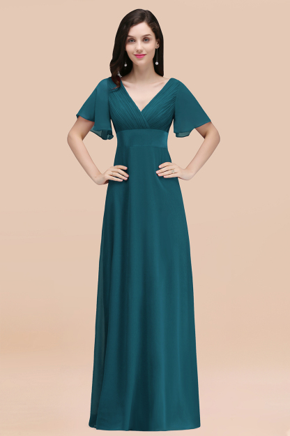 Simple A-Line Chiffon V-Neck Short-Sleeves Ruffles Floor-Length Bridesmaid Dresses