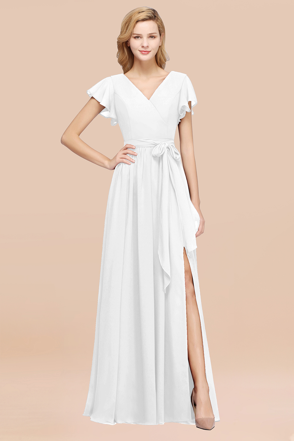 elegant A-line Chiffon V-Neck Short-Sleeves Floor-Length Bridesmaid Dresses with Bow Sash