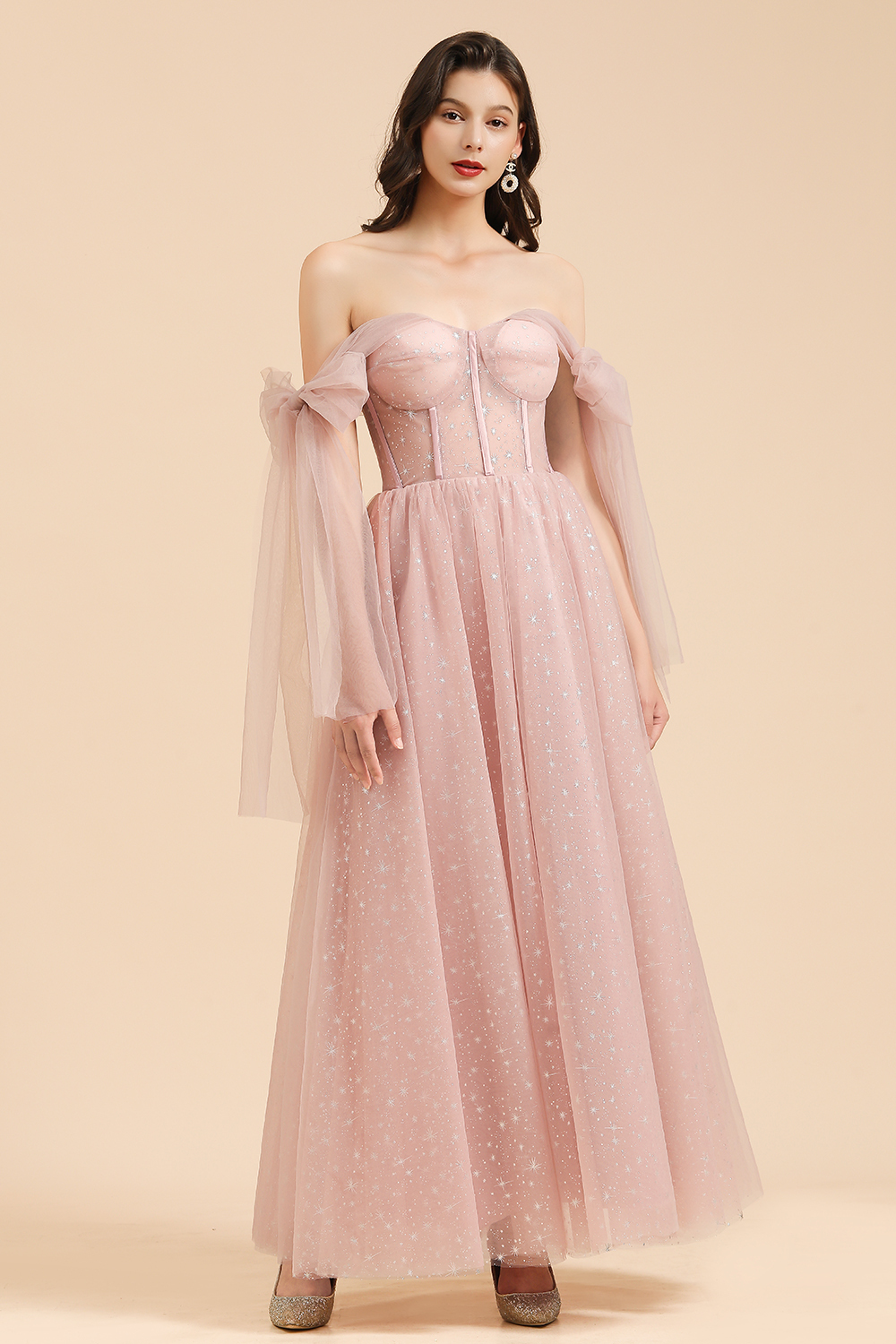A-line Pink Off The Shoulder Bow Tulle Floor Length Bridesmaid Dress