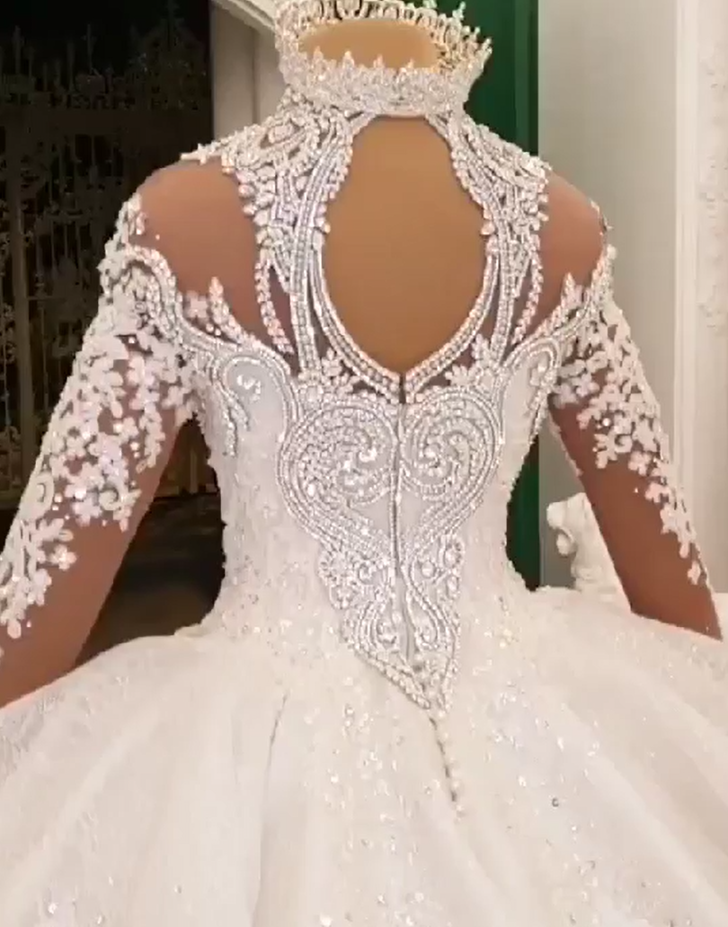 High Neck Train Long Sparkle Applique Satin Ball Gown Wedding Dresses with Sleeves
