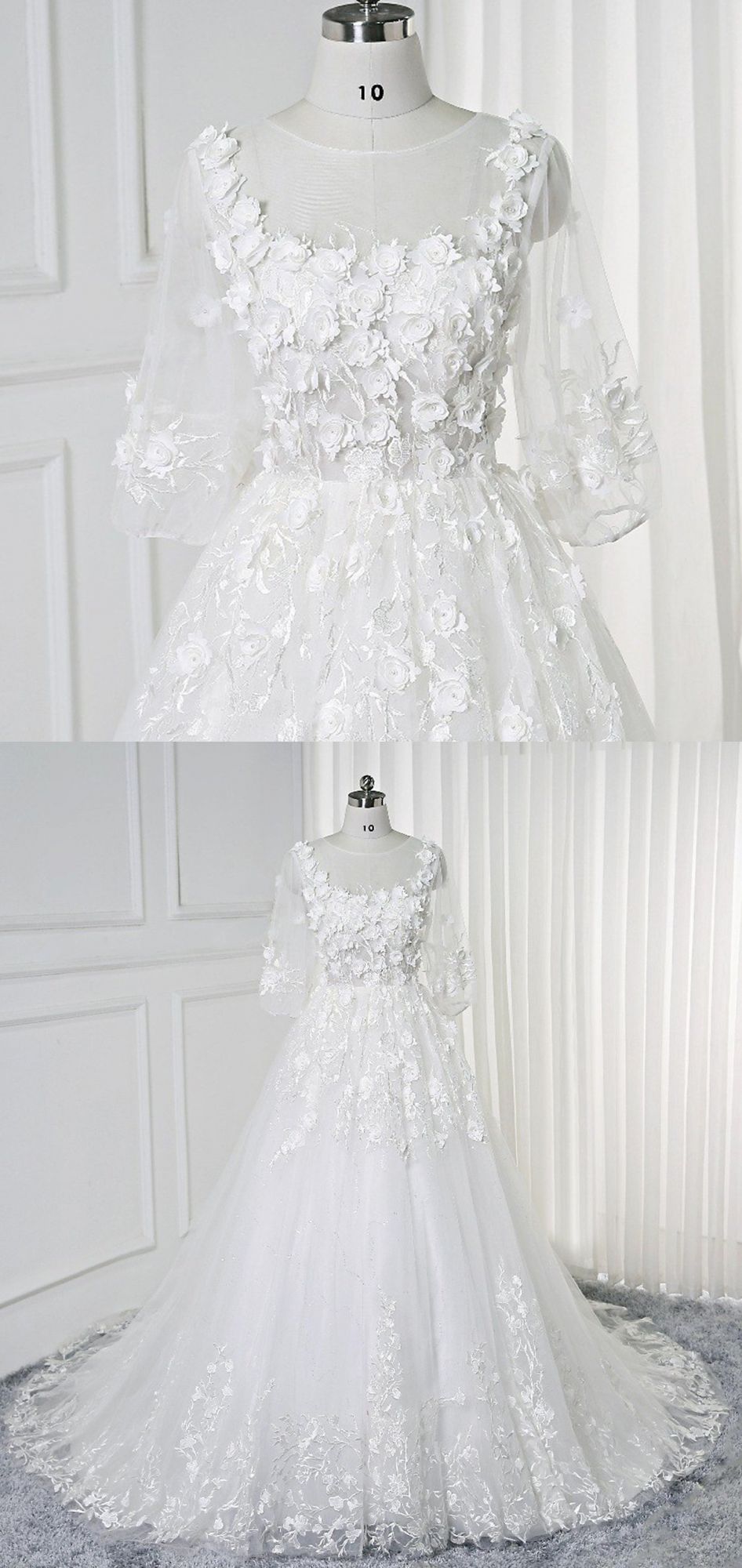 White Long A-line Lace Flowers Half Sleeves Bridal Wedding Dress