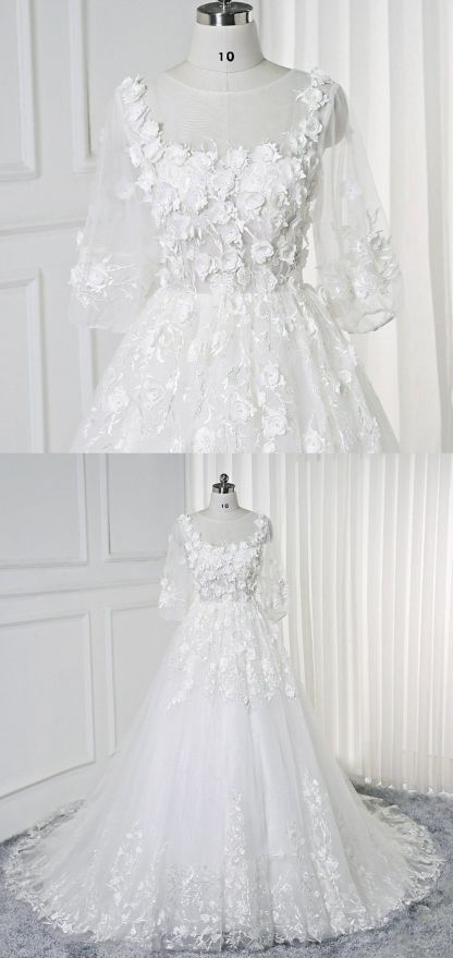 White Long A-line Lace Flowers Half Sleeves Bridal Wedding Dress