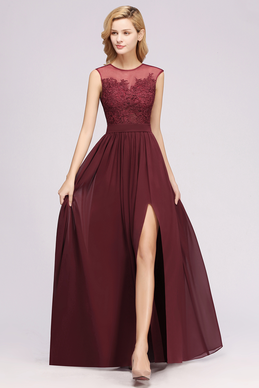 A-line Chiffon Lace Jewel Sleeveless Floor-Length Bridesmaid Dresses with Appliques