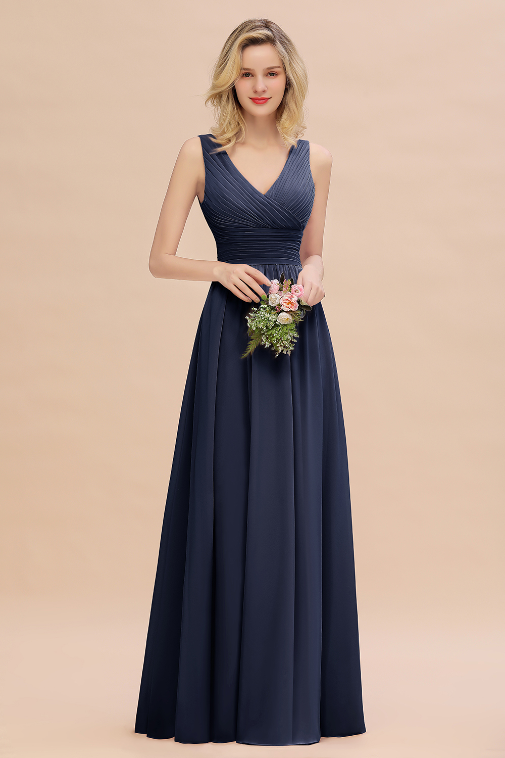 Elegant A-line V-Neck Ruffles Long Bridesmaid Dress