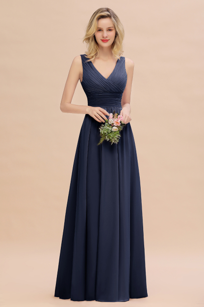 Elegant A-line V-Neck Ruffles Long Bridesmaid Dress