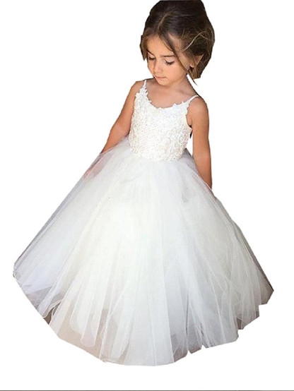 Princess Long Length Wedding / Birthday / Pageant Flower Girl Dresses - Tulle / Cotton Sleeveless Jewel Neck With Lace / Appliques