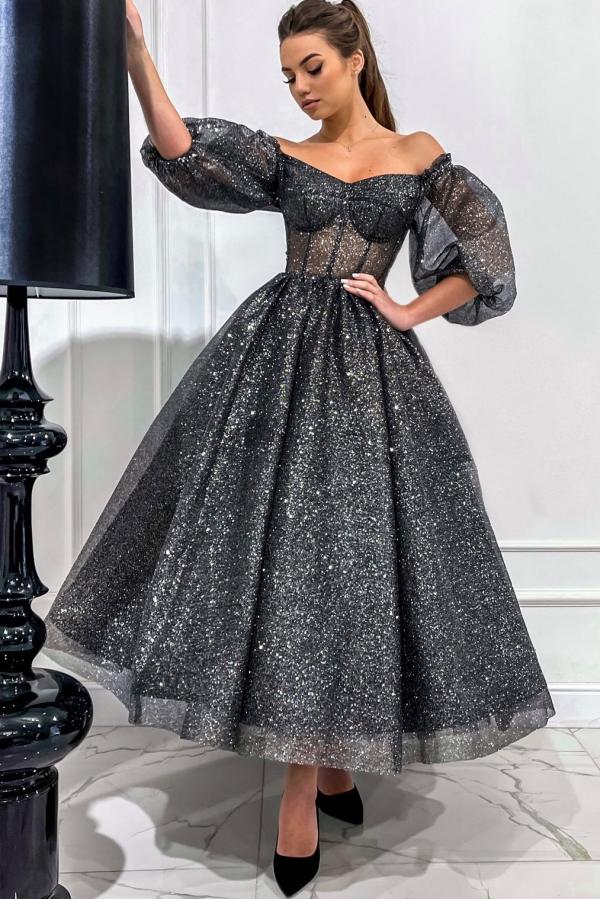 Grey Off The Shoulder Sequins Tulle A Line Party Dress with Sleeves