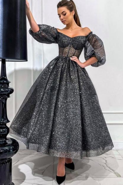 Grey Off The Shoulder Sequins Tulle A Line Party Dress with Sleeves
