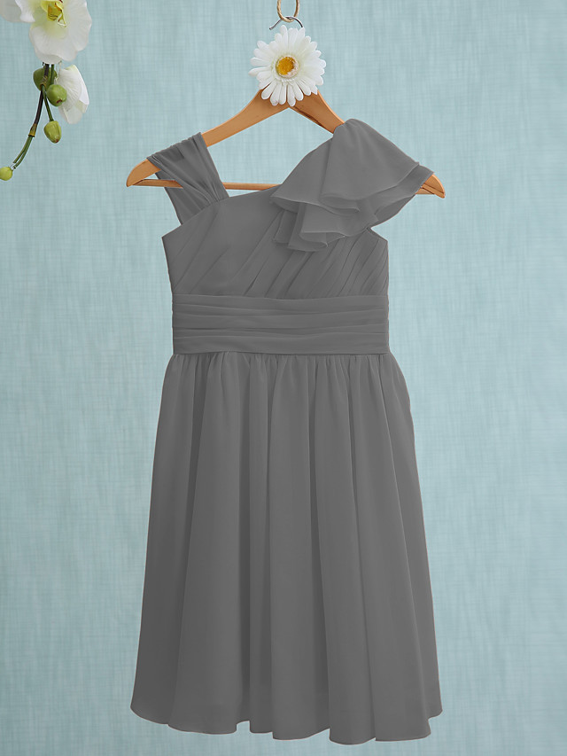 Sheath / Column Straps Knee Length Chiffon Junior Bridesmaid Dress With Ruffles / Side Draping / Natural