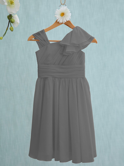 Sheath / Column Straps Knee Length Chiffon Junior Bridesmaid Dress With Ruffles / Side Draping / Natural