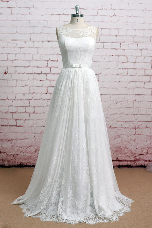 Elegant Long Illusion Lace A-line Tulle Wedding Dress