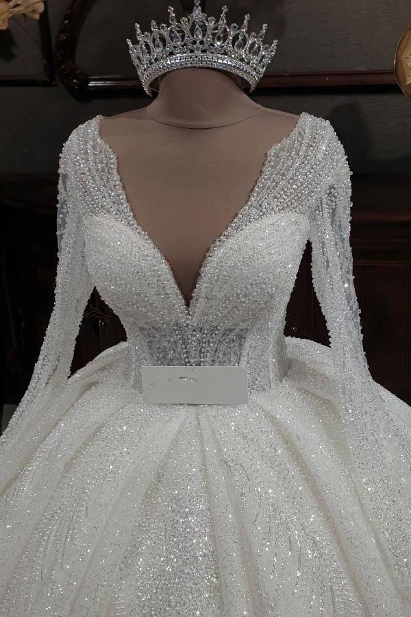 Gorgeous Long Ball Gown V-neck Glitter Sequins Wedding Dresses with Sleeves