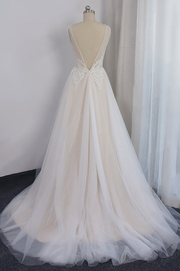 Elegant Long V-neck Appliques Lace Tulle A-line Wedding Dress