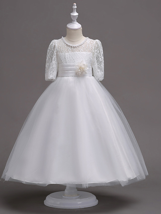Princess Tea Length Wedding / First Communion Flower Girl Dresses - Lace / Satin / Tulle Half Sleeve Jewel Neck With Lace / Belt / Beading
