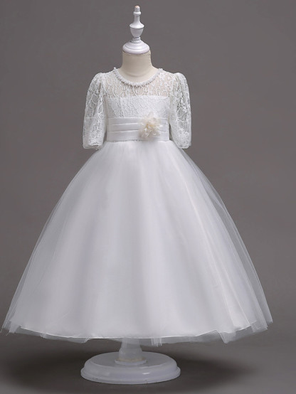 Princess Tea Length Wedding / First Communion Flower Girl Dresses - Lace / Satin / Tulle Half Sleeve Jewel Neck With Lace / Belt / Beading