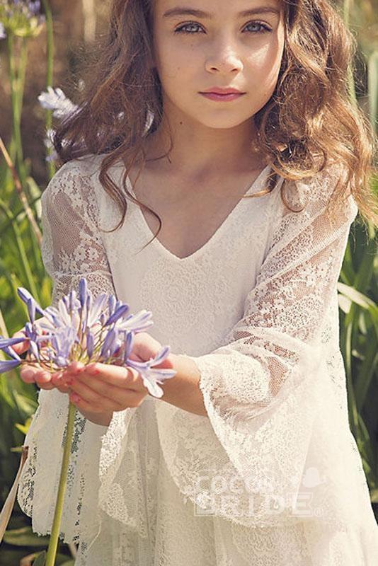 White Scoop Neck Long Sleeves Dress Flower Girls Dress