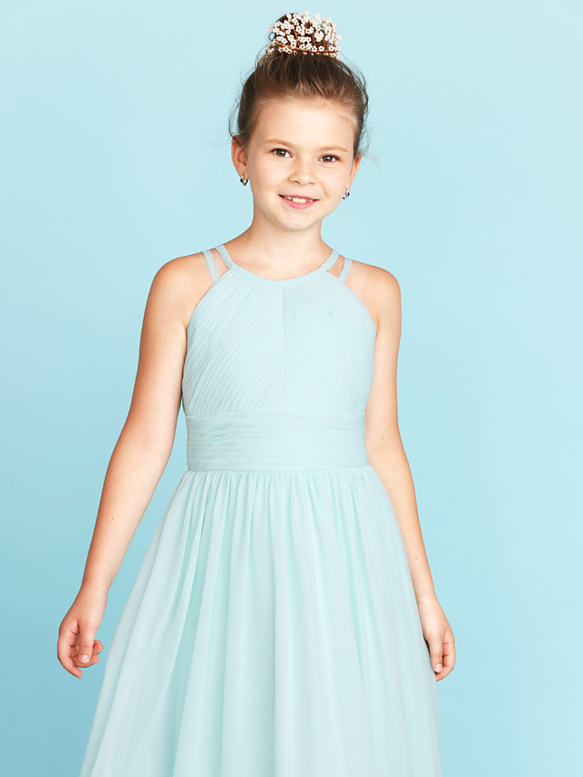 Princess / A-Line Jewel Neck Floor Length Chiffon Junior Bridesmaid Dress With Ruched / Side-Draped / Wedding Party / Open Back