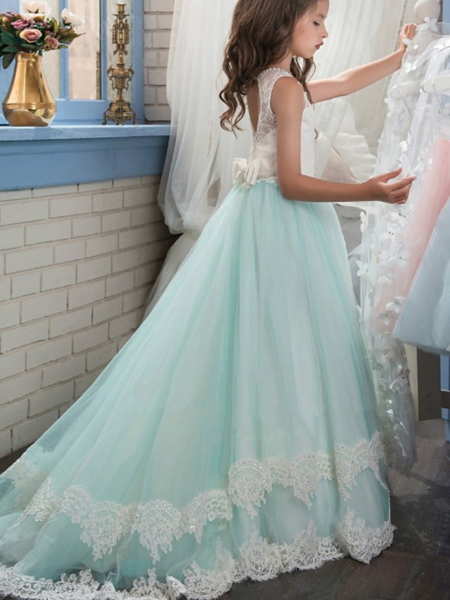 Ball Gown Floor Length Wedding / Event / Party Flower Girl Dresses - Polyester Sleeveless Jewel Neck With Appliques / Color Block