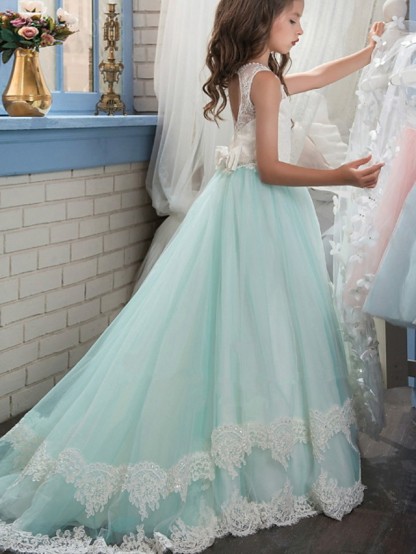 Ball Gown Floor Length Wedding / Event / Party Flower Girl Dresses - Polyester Sleeveless Jewel Neck With Appliques / Color Block