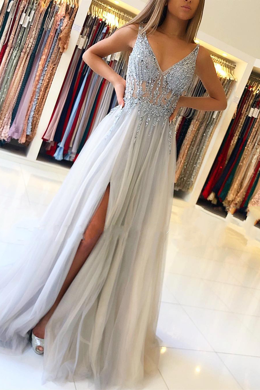Stylish Long V-neck Beading A-Line Ruffles Prom Dress With Slit