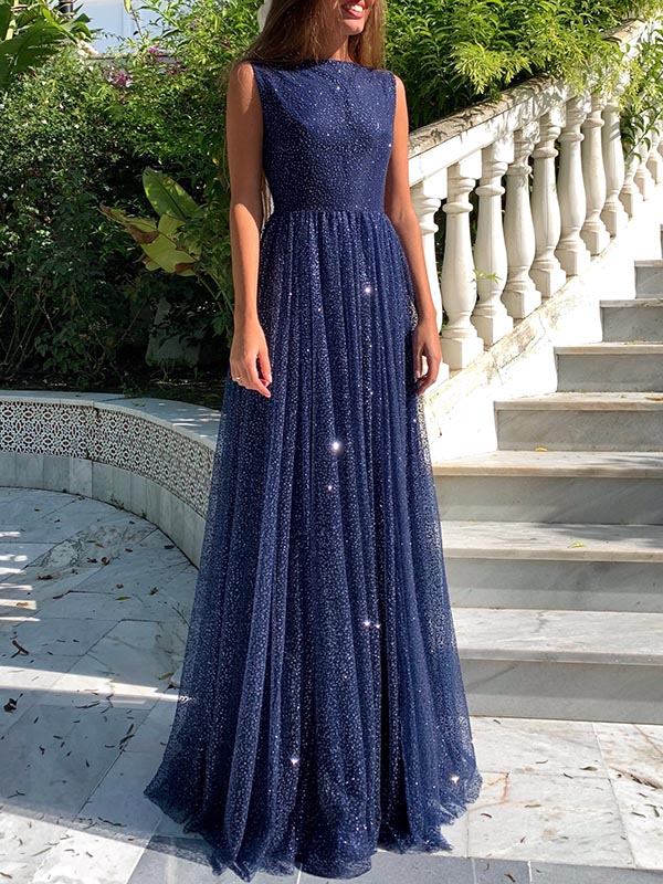 Simple A-line Bateau Floor-length Sequins Ruffles Prom Dress With Sequins