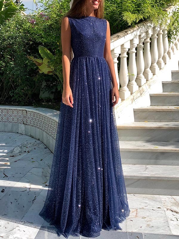 Simple A-line Bateau Floor-length Sequins Ruffles Prom Dress With Sequins
