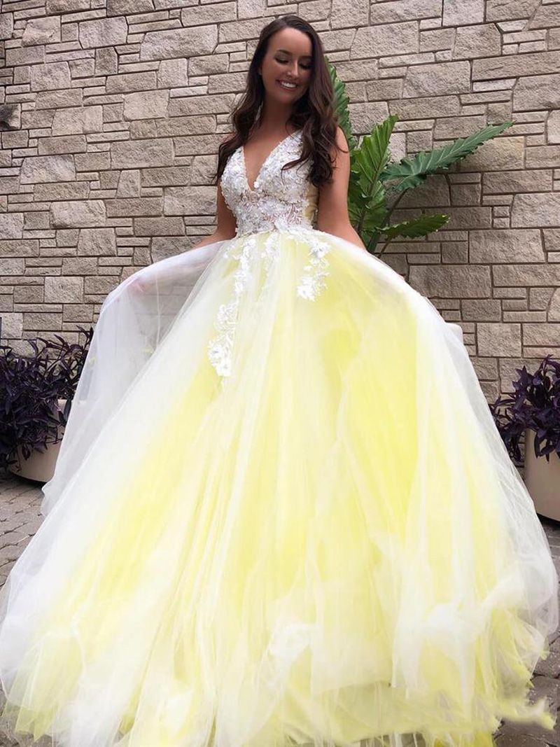Elegant A-line Spaghetti Straps Deep V-neck Open Back Appliques Lace Tulle Prom Dress