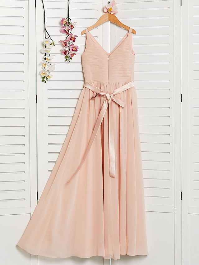 A-Line V Neck Maxi Chiffon Junior Bridesmaid Dress With Sash / Ribbon / Ruching