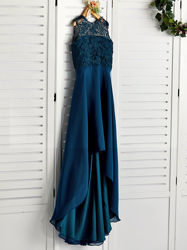 A-Line Jewel Neck Asymmetrical / Tea Length Chiffon / Lace Junior Bridesmaid Dress With Lace