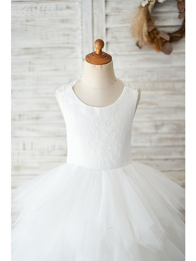 Ball Gown Floor Length Wedding / Birthday Flower Girl Dresses - Lace / Tulle Sleeveless Jewel Neck With Tiered