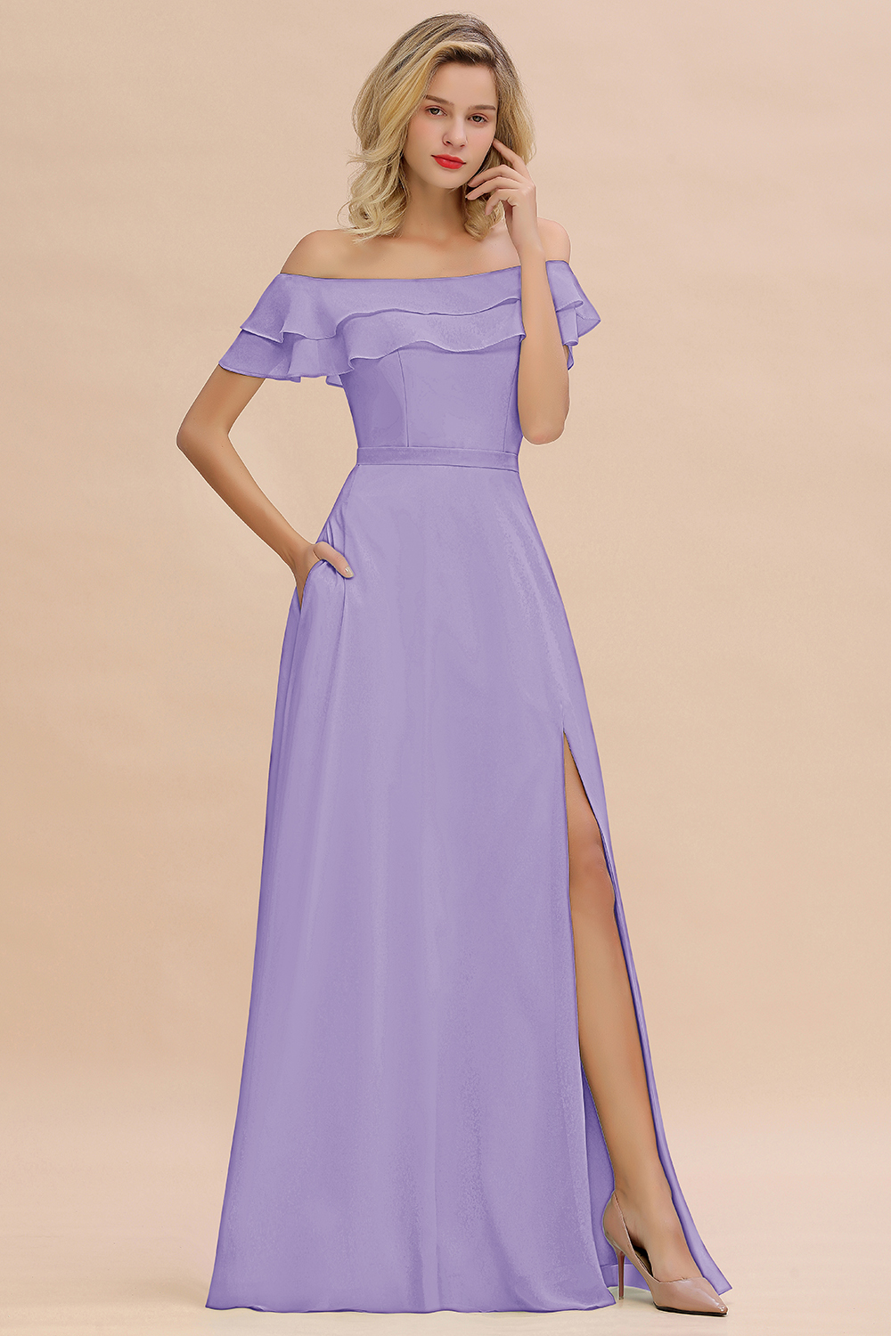 Off-the-Shoulder Front Slit Mint Green Long Bridesmaid Dress