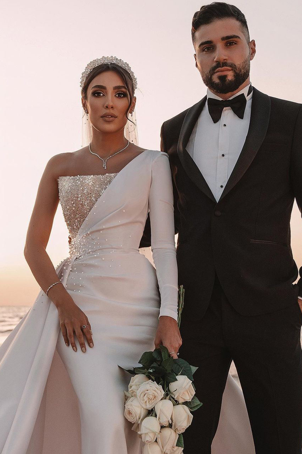 One Shoulder Long Sleeve Sequins Satin A-line Wedding Dress