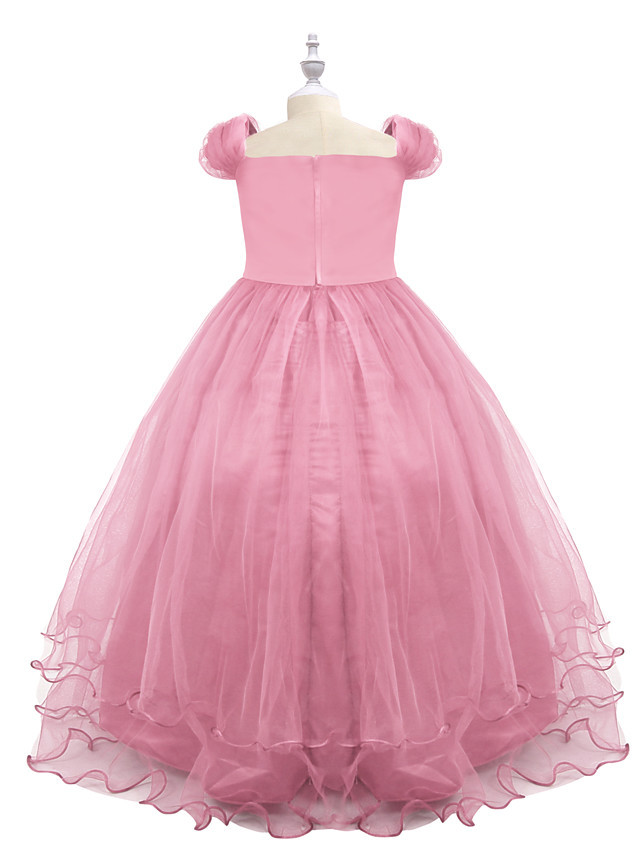 Princess Maxi Birthday / Pageant Flower Girl Dresses - Chiffon / Tulle Short Sleeve Boat Neck With Beading / Appliques / Paillette