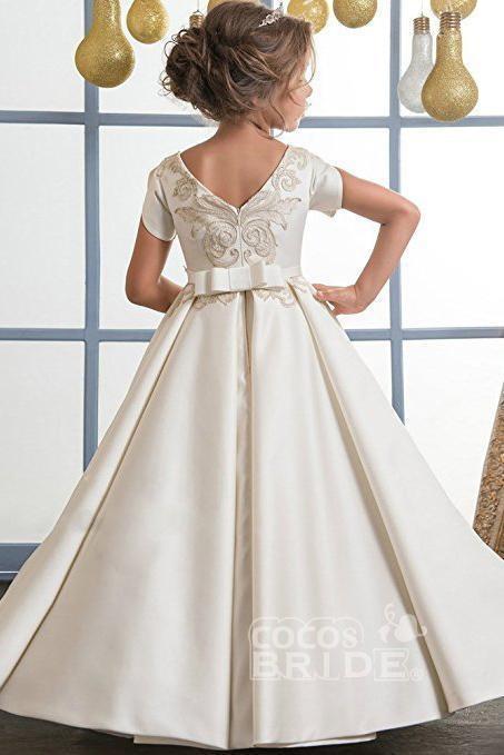 Long Scoop Neck Short Sleeves Ball Gown Flower Girl Dress