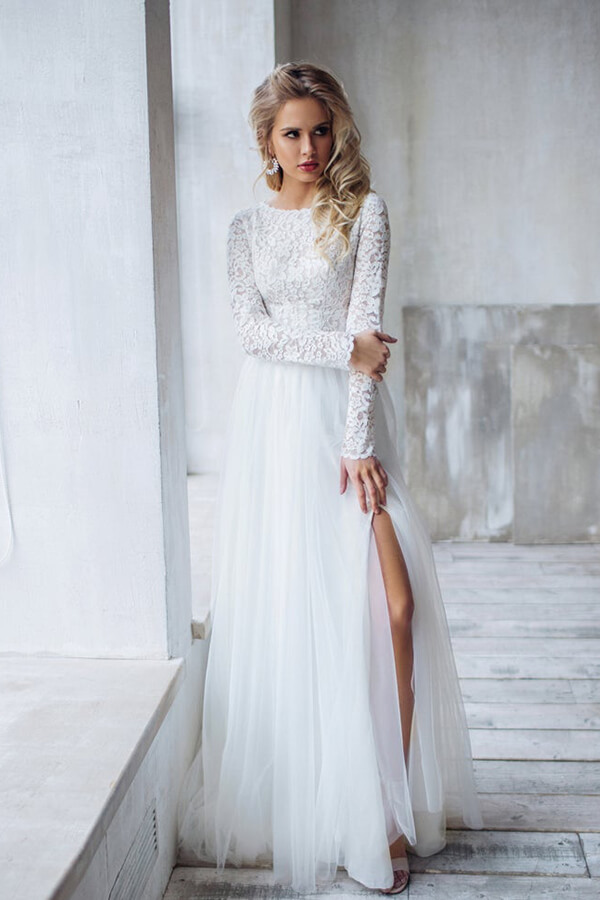 Long A-line Lace Chiffon Two Piece Wedding Dress