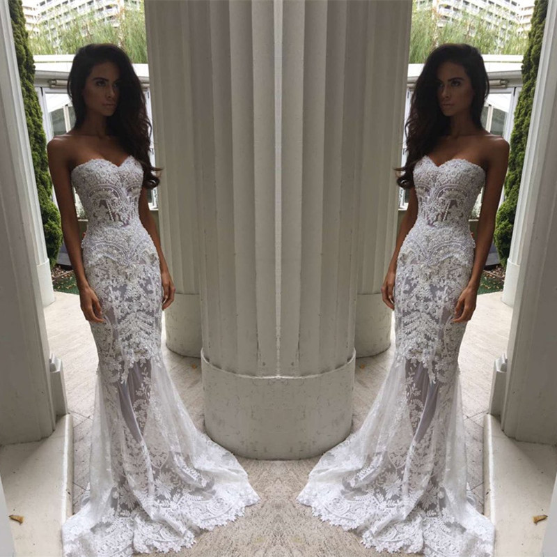 Modest Long Mermaid Sweetheart Lace Appliques Wedding Dresses