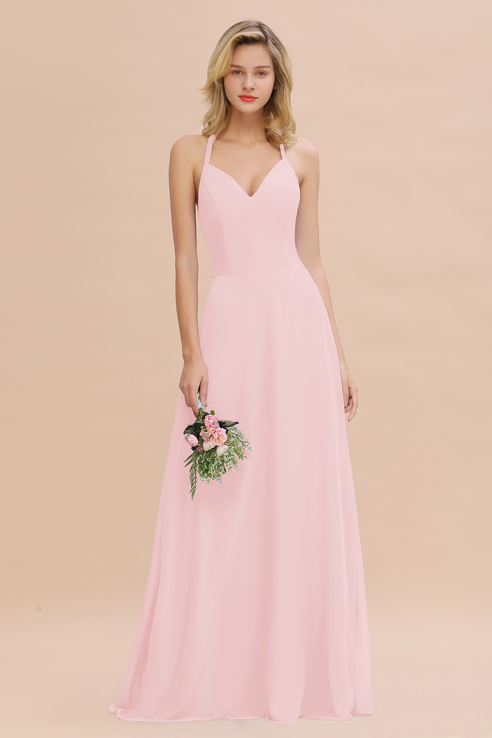 Stylish Chiffon Spaghetti Straps Sleeveless Long Bridesmaid Dress