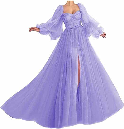 Awesome Long Sleeves A-line Sweetheart Tulle Prom Dress with Slit