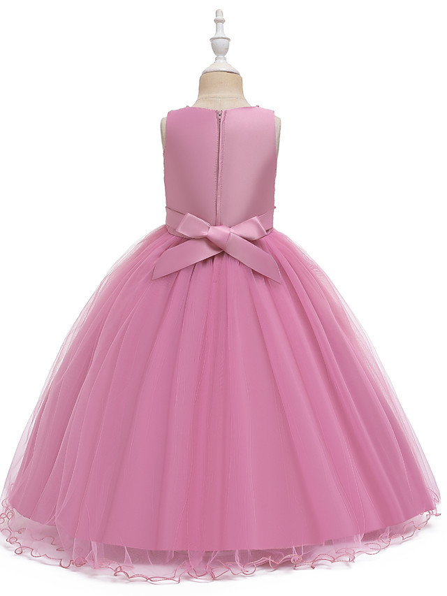 A-Line Medium Length Wedding / Party / First Communion Flower Girl Dresses - Tulle / Matte Satin / Poly&Cotton Blend Sleeveless Jewel Neck With Lace / Beading / Solid