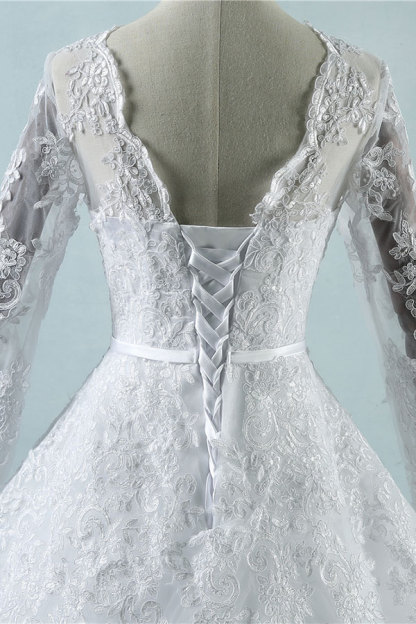 Long Sleeve Appliques Lace Tulle A-line Wedding Dress