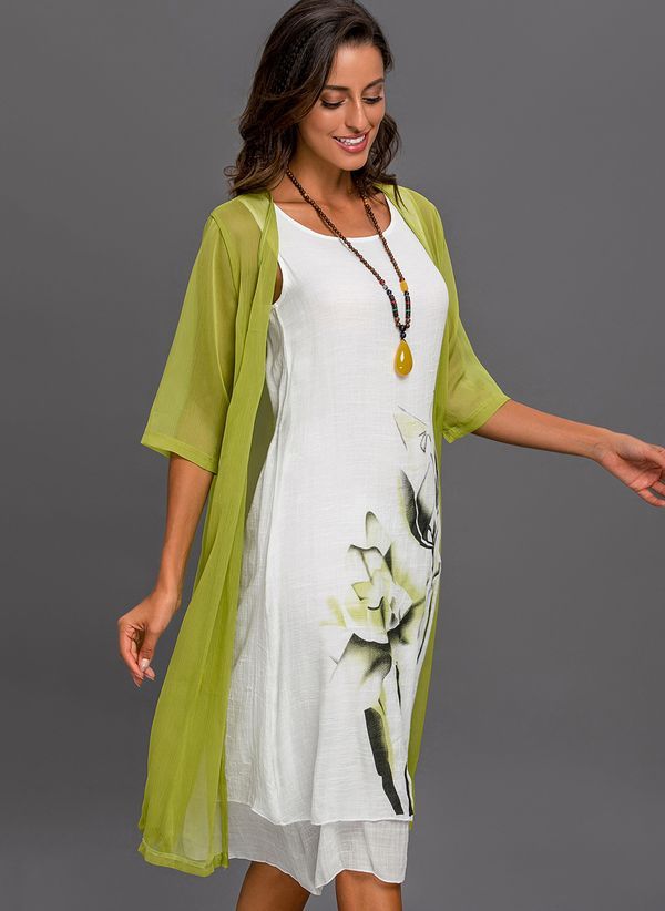 Floral Wrap Round Neckline Midi X-line Dress